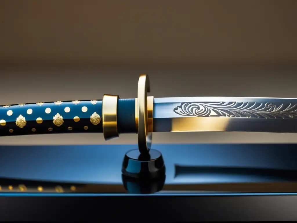 Una katana japonesa tradicional en un soporte negro, con detalles intrincados y una iluminación suave resaltando su artesanía