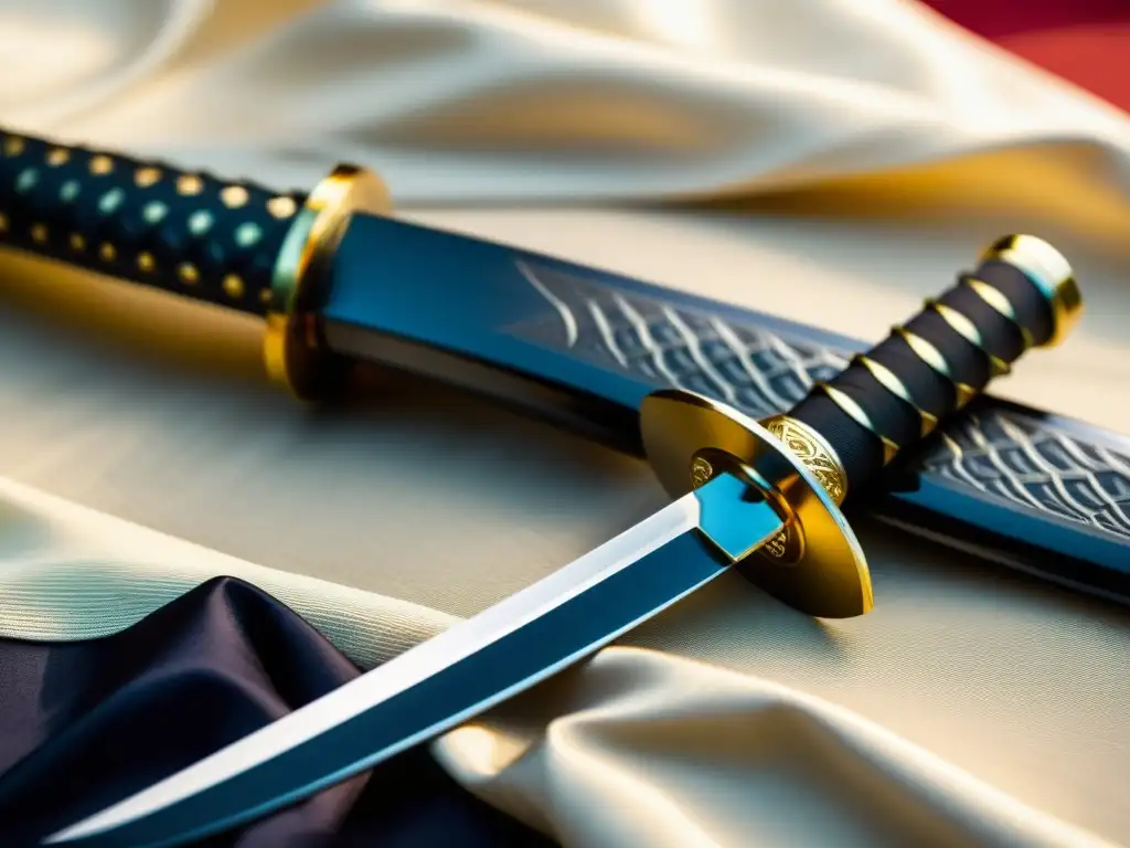 Una katana descansa sobre un paño de seda con patrones, reflejando honor y disciplina