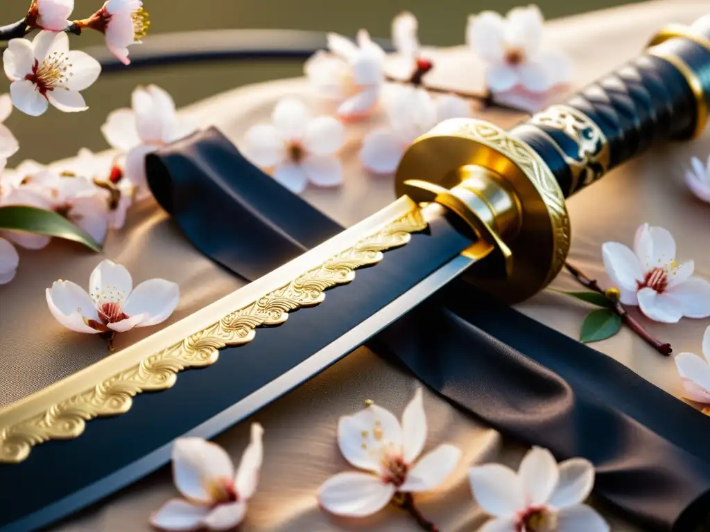 Un katana descansa sobre pétalos de cerezo en un jardín japonés, creando una atmósfera serena