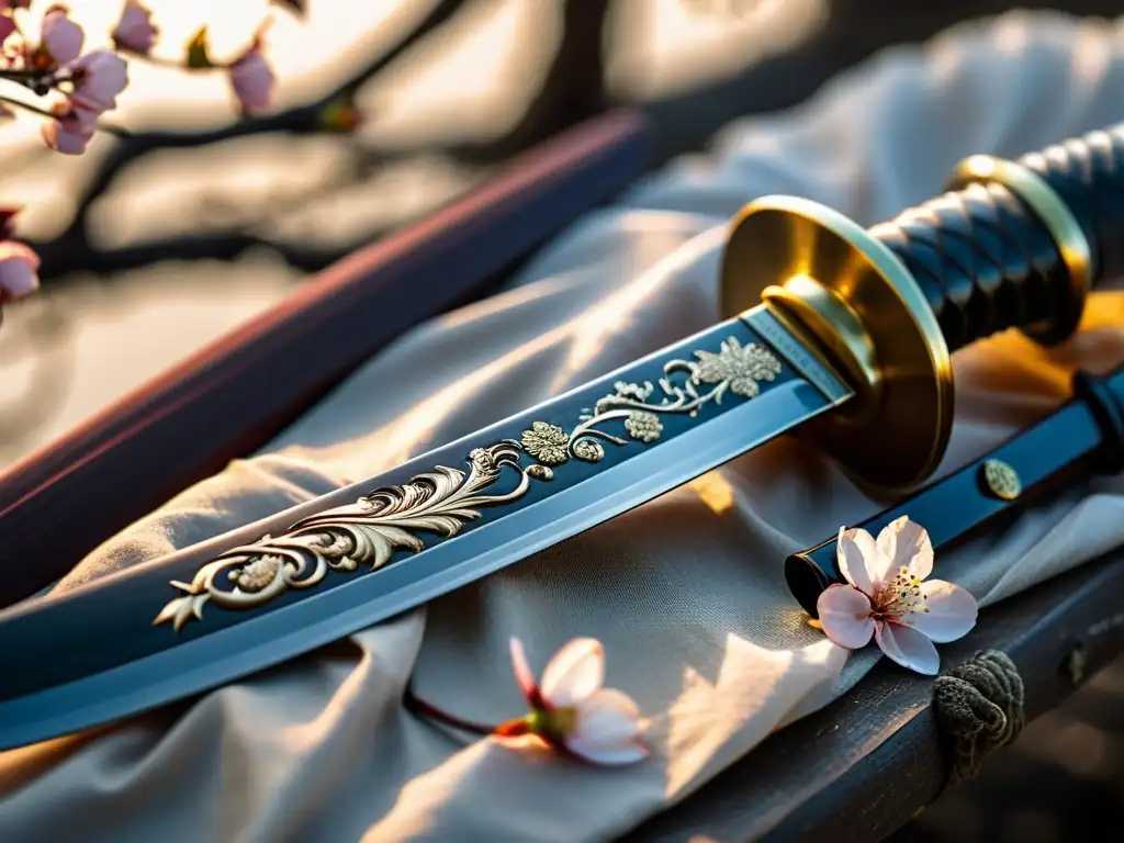 Una katana descansa sobre pétalos de cerezo, reflejando luz suave