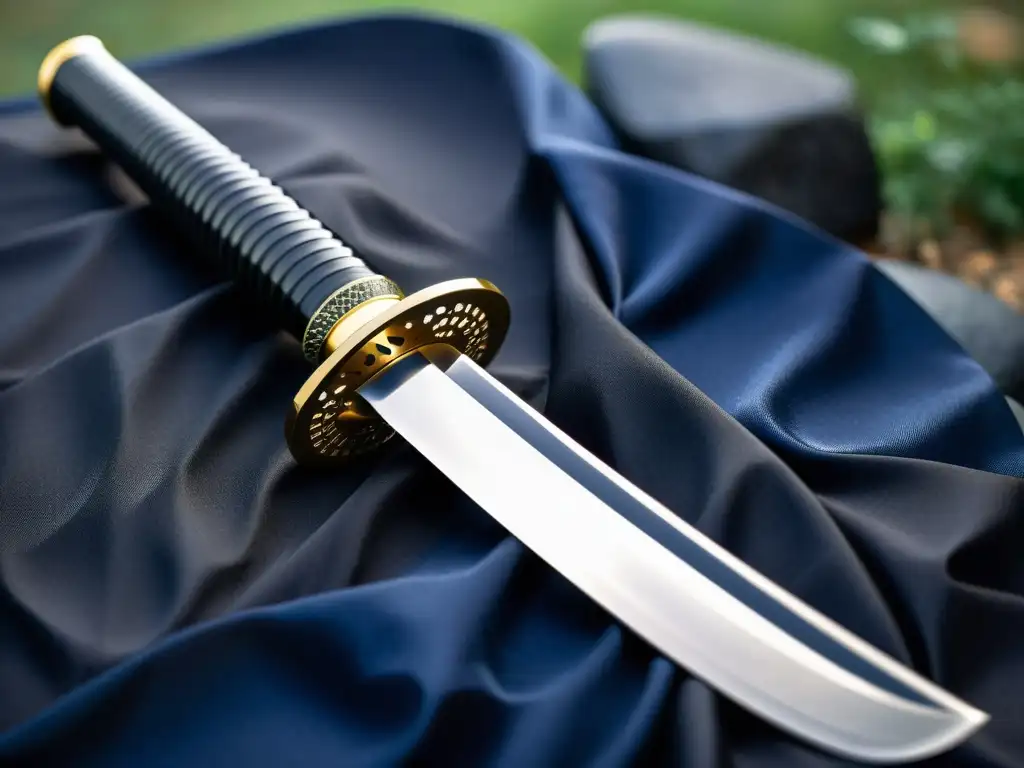 Katana samurái: belleza en acero Una katana descansa sobre piedras pulidas, con patrones de acero visibles y un tsuka azul