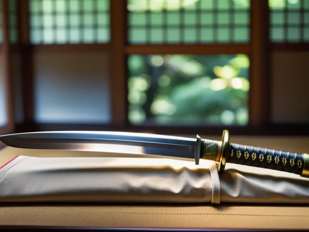 Una katana descansa sobre un soporte, iluminada por la suave luz natural en un jardín japonés, evocando el legado samurái