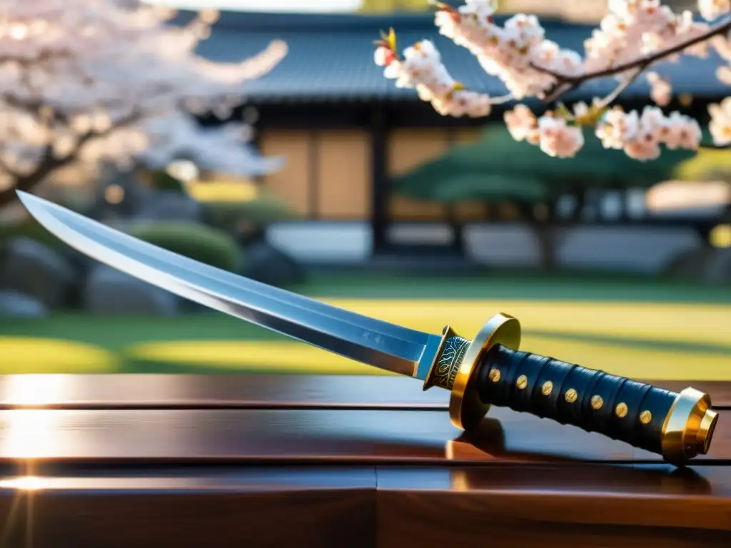 Una katana descansa sobre un soporte de madera pulida, con detalles precisos y un ambiente sereno de un jardín japonés en flor