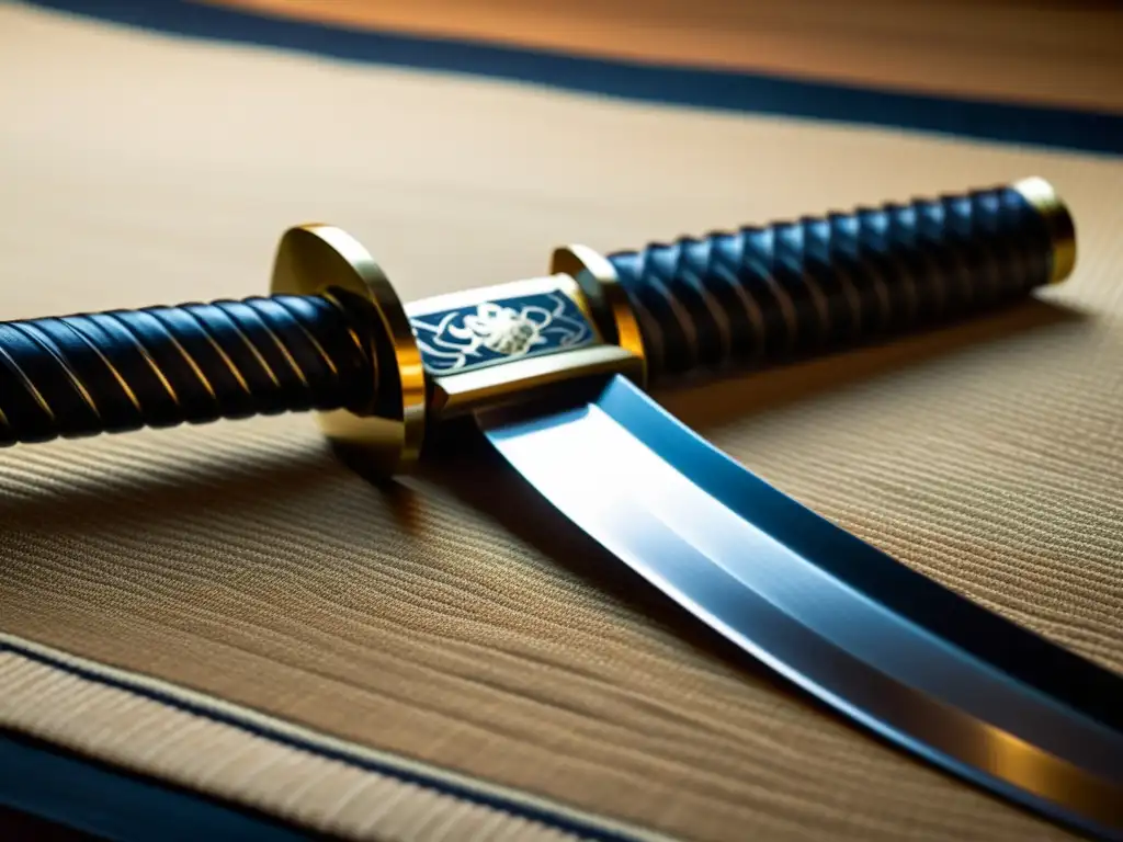 Una katana descansa sobre un tatami japonés, con un samurái en silueta al fondo, evocando la historia del kenjutsu samurai