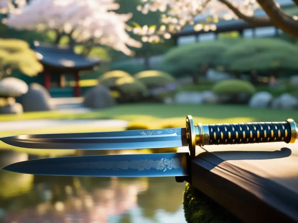 Una katana tradicional con detalles exquisitos, bañada por la luz del sol en un jardín japonés sereno