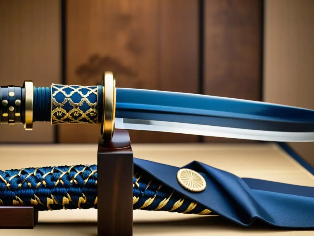 Una katana tradicional descansa sobre un soporte de madera en un dojo japonés, capturando la filosofía del código bushido samurai