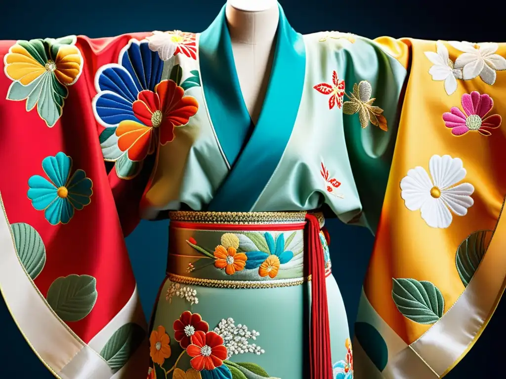 Un kimono japonés detallado con bordado e influencia artística asiática en alta costura