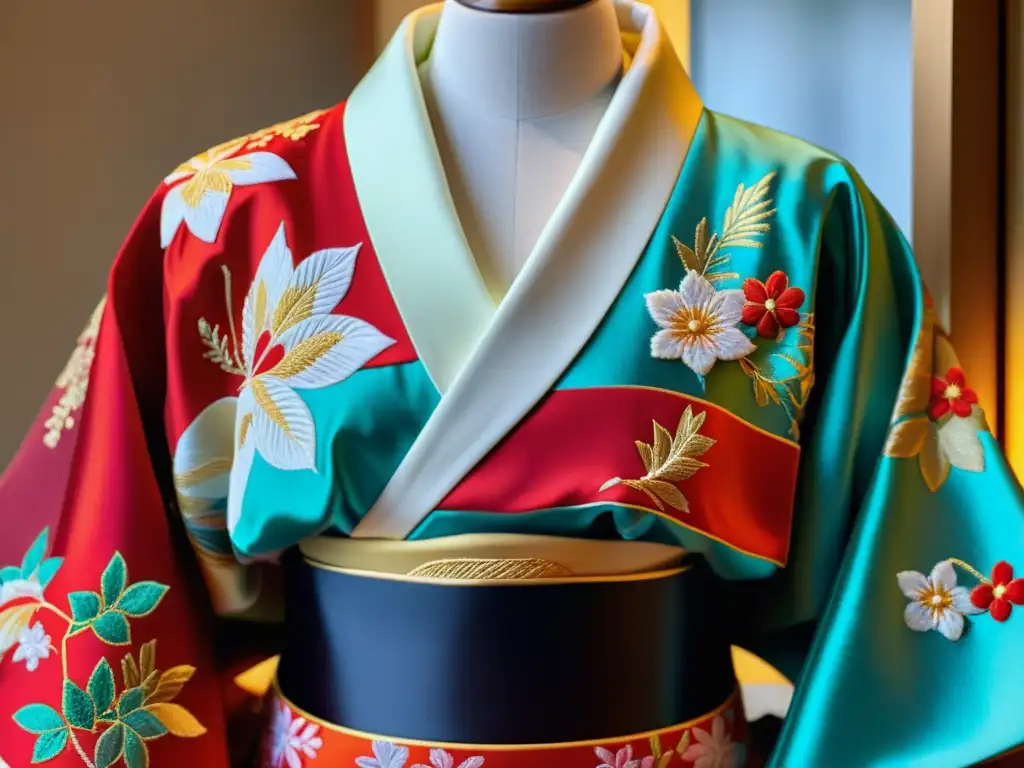 Un kimono japonés con intrincados bordados y colores vibrantes exhibe la elegancia de la moda asiática, fusionando tradición y tendencias globales