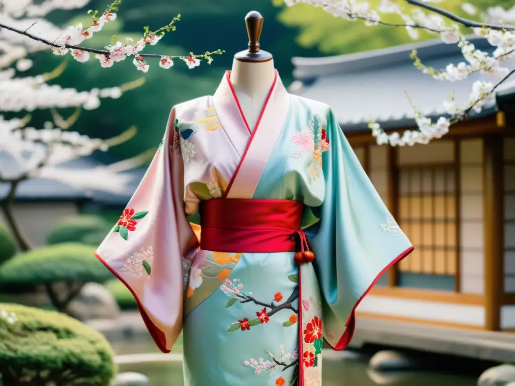 Un kimono japonés de lujo con bordados intrincados y colores vibrantes, en un jardín sereno