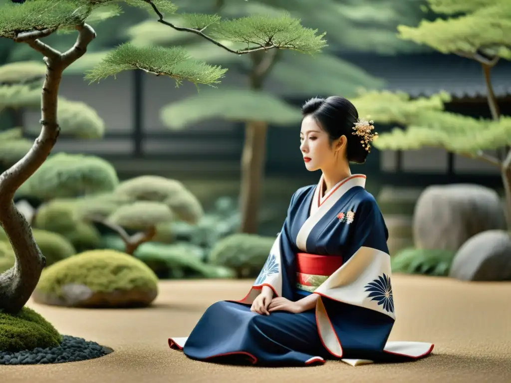 Un kimono japonés con patrones zen se fusiona con un jardín zen, evocando armonía y la influencia del Zen en moda