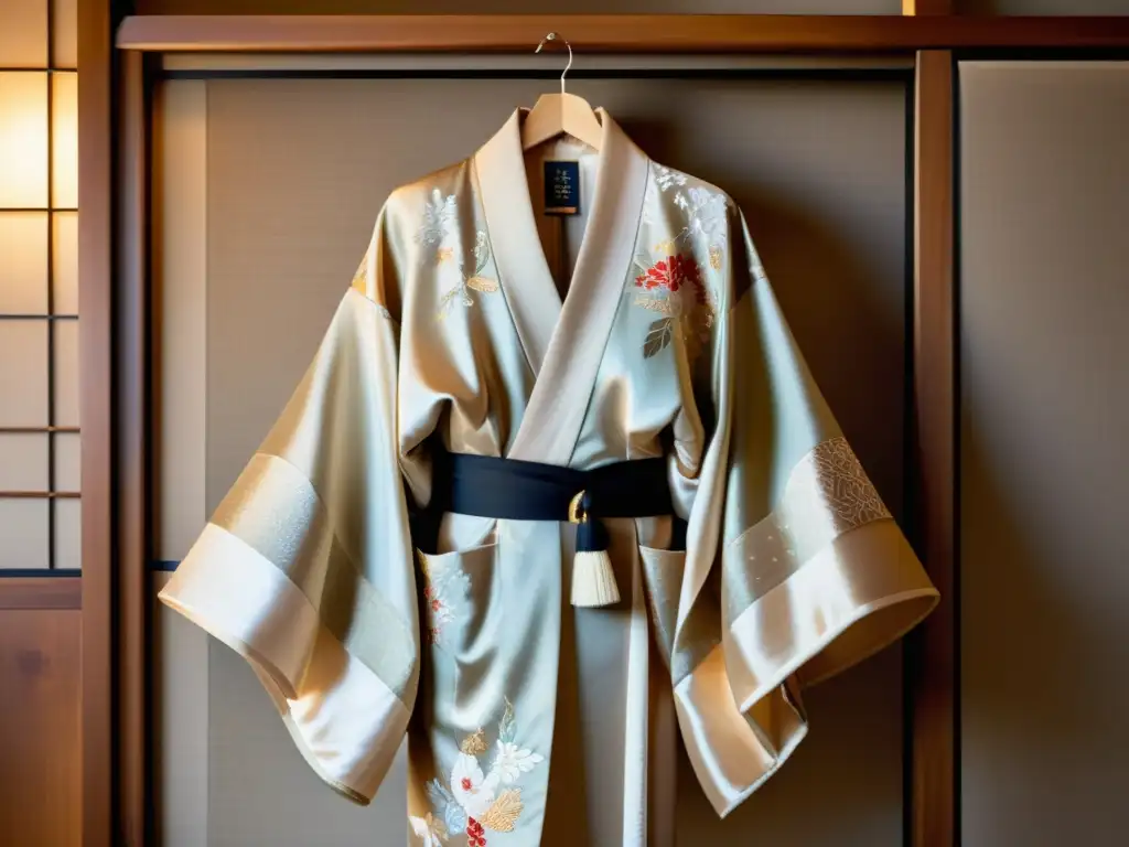 Un kimono japonés de seda en tonos neutros con bordados intrincados