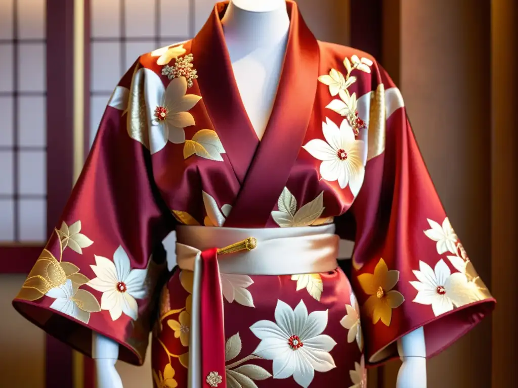 Un kimono japonés de seda en tonos vibrantes con intrincados bordados florales, exhibiendo la artesanía de la alta costura japonesa