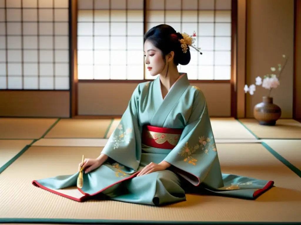 Un kimono japonés tradicional adornado con bordados intrincados y patrones florales, con un sutil rastro de incienso en el aire, evocando la rica herencia cultural y el arte japonés en una atmósfera cautivadora de aromas inspiradores