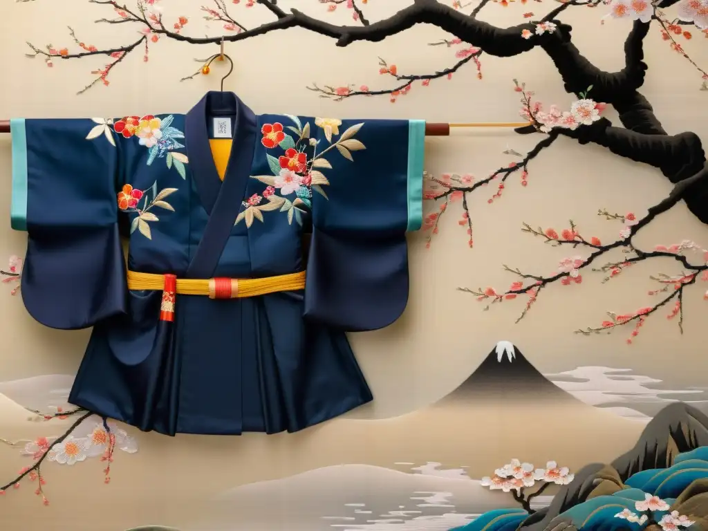 Un kimono japonés tradicional lujosamente bordado, evocando belleza atemporal y artesanía milenaria