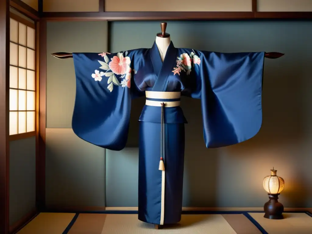 Un kimono japonés tradicional con bordado floral en una habitación tatami, reflejando la elegancia atemporal de las marcas de moda de lujo en Asia