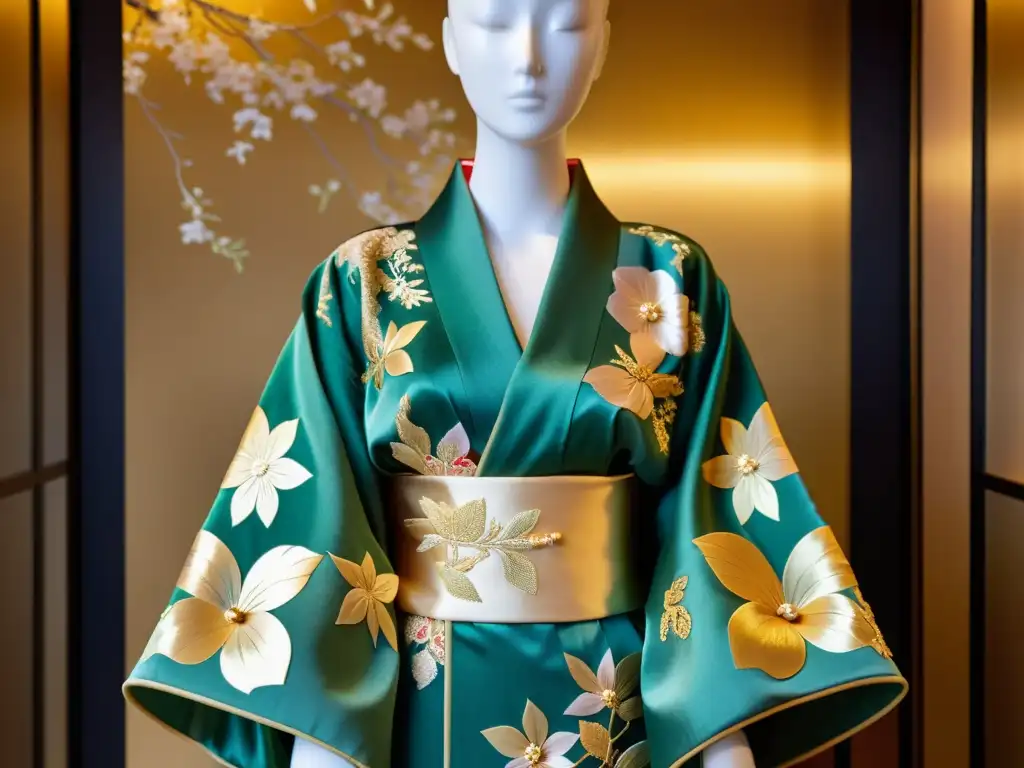 Un kimono japonés tradicional con bordados dorados y patrones florales, muestra la elegancia de la Alta Costura Asiática