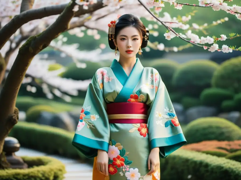 Un kimono japonés tradicional con bordados detallados y colores vibrantes, en un jardín japonés con cerezos en flor