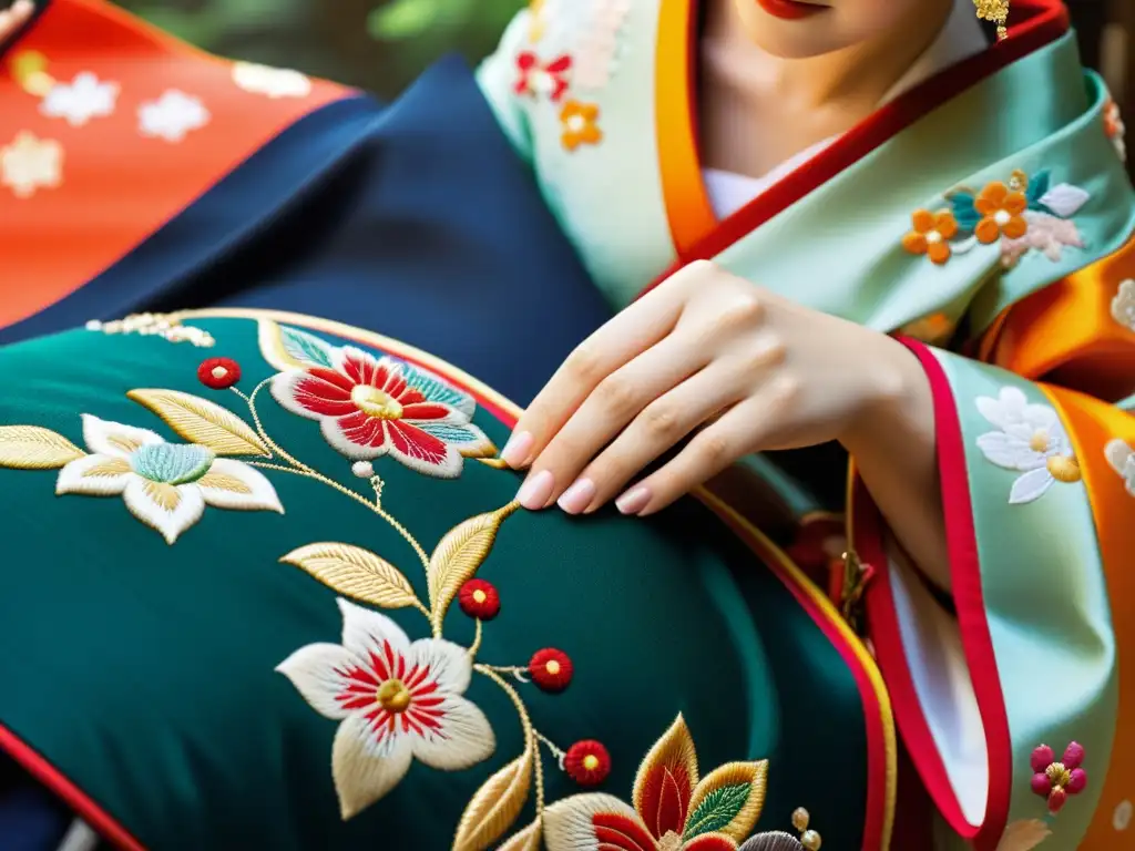 Un kimono japonés tradicional siendo adornado con bordados intrincados, representando la moda asiática y sus costumbres ancestrales