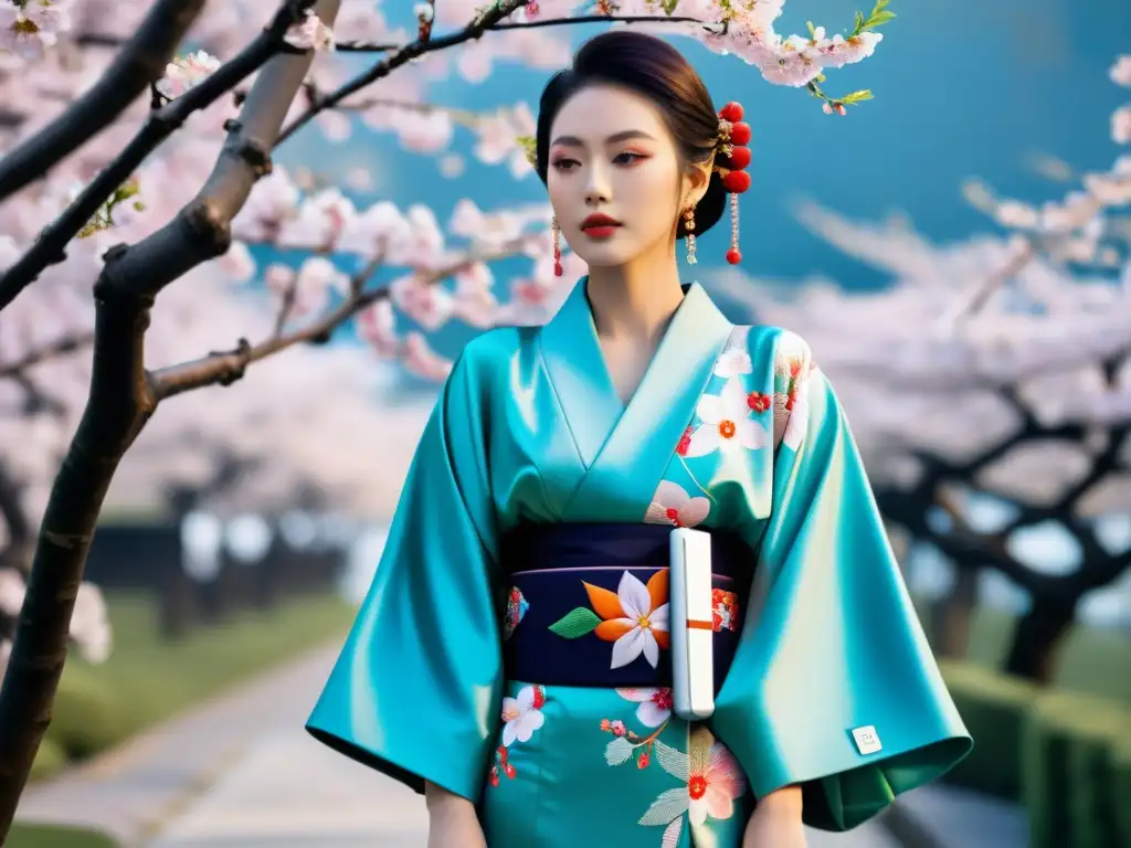 Un kimono japonés tradicional con bordados intrincados y colores vibrantes junto a un dispositivo tecnológico moderno, simbolizando la evolución de la moda y tecnología en Asia