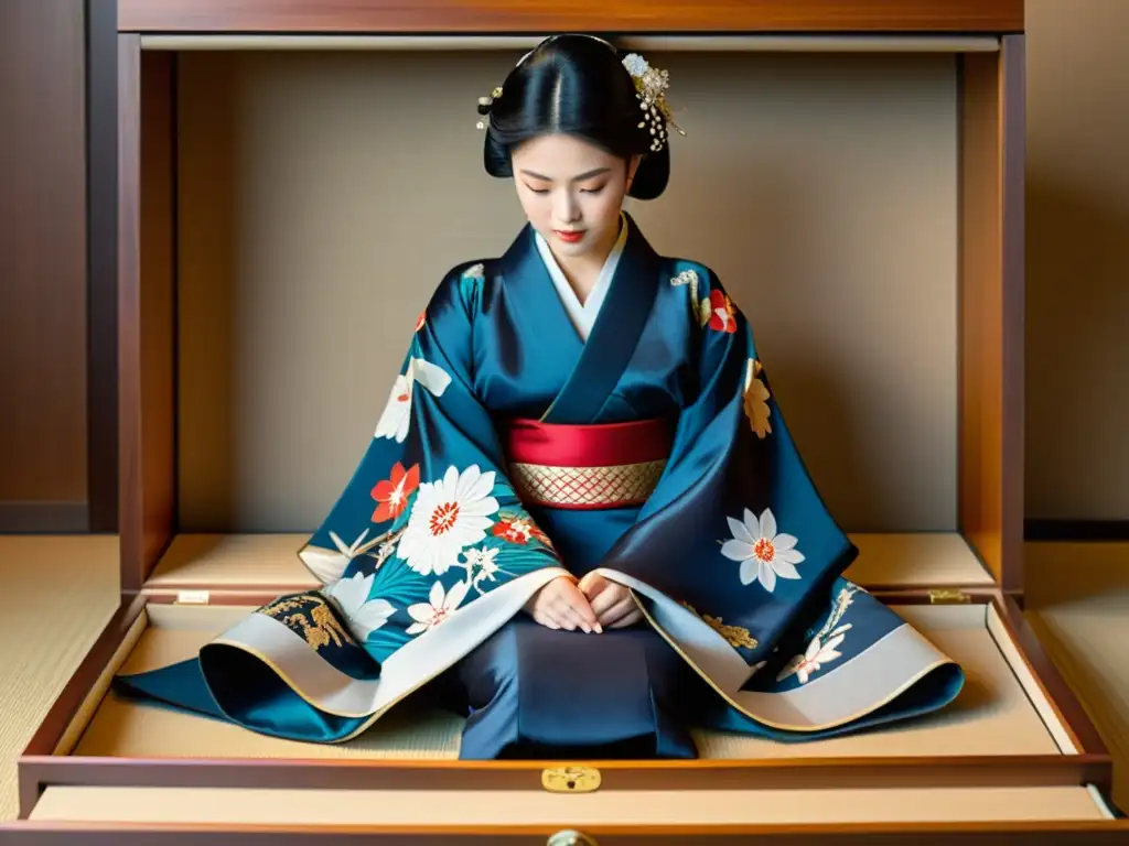 Un kimono japonés tradicional siendo cuidadosamente doblado y guardado en una caja de madera, resaltando su significado cultural y valor histórico