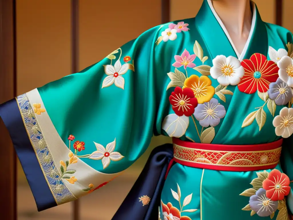 Un kimono japonés tradicional con intrincados patrones florales, reflejando la influencia japonesa en patrones florales en la moda