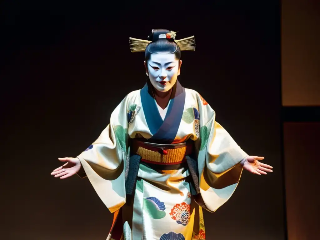 Noh theater performer con kimono y máscara, gestos simbólicos, iluminado por foco, evocando mística antigua