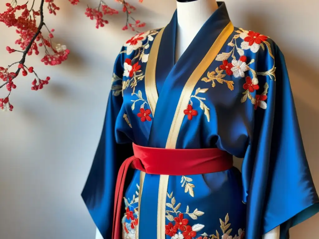 Un kimono de seda bordado con hilos dorados y vibrantes colores cuelga en un maniquí