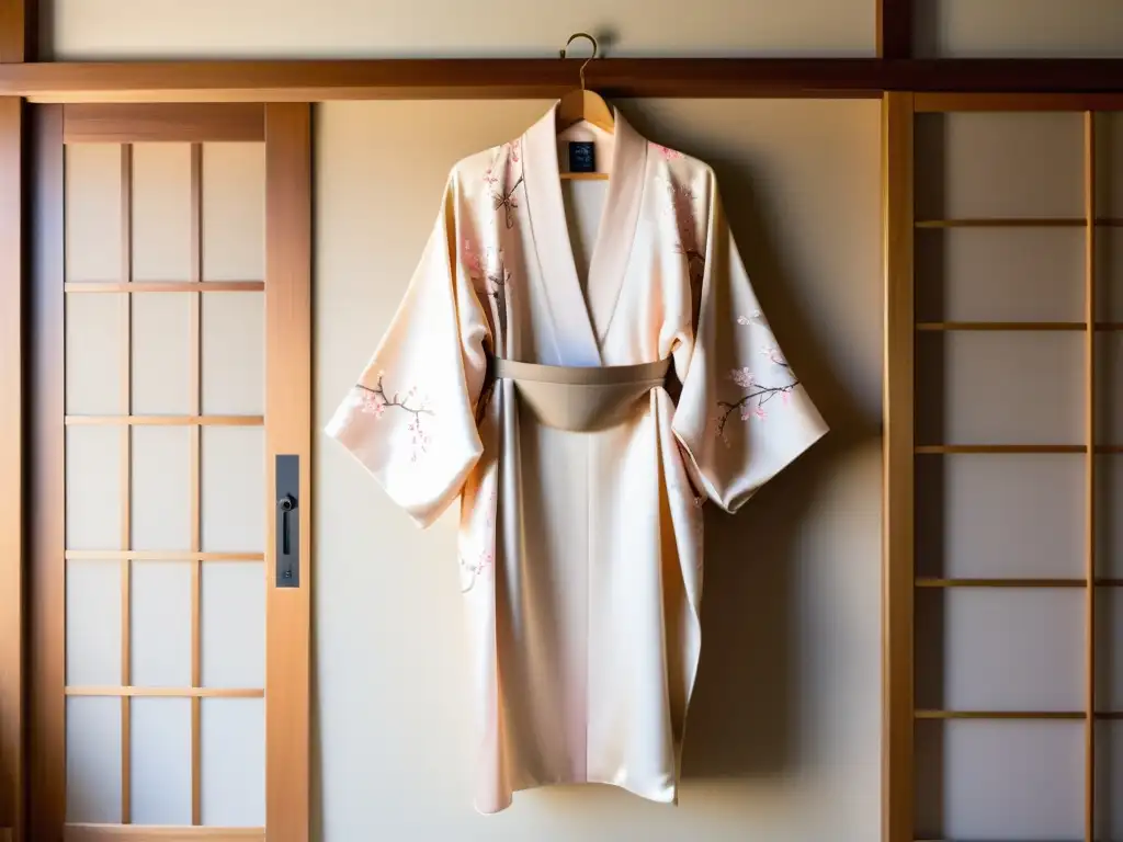 Un kimono de seda bordado a mano con motivos de cerezo en tonos rosados y marfil cuelga delicadamente de una percha de madera