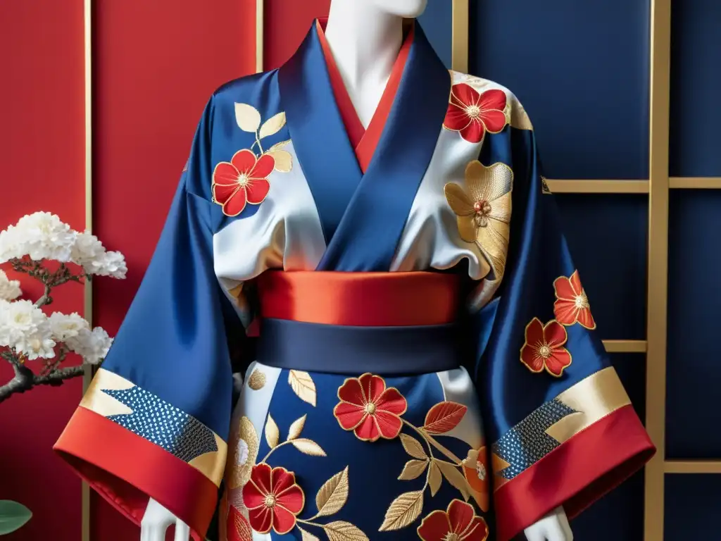 Un kimono de seda bordado a mano con motivos florales en rojo, oro e índigo