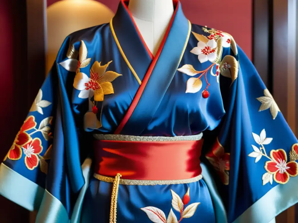 Un kimono de seda bordado con motivos de flores de cerezo y dragones, en tonos vibrantes de rojo, dorado y azul