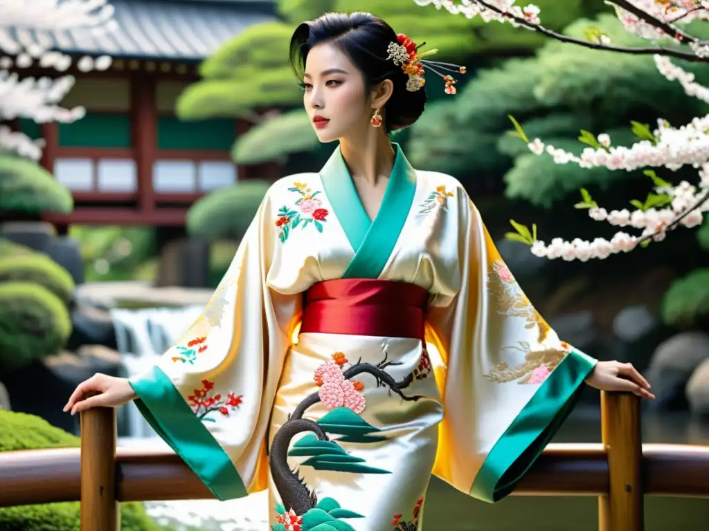 Un kimono de seda ricamente bordado con motivos asiáticos tradicionales, exhibido en un jardín japonés sereno con una cascada y un puente de madera