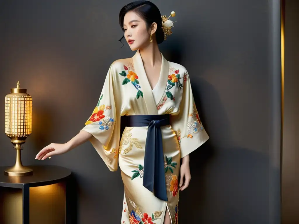 Un kimono de seda bordado con patrones florales y hilo de oro, en un atelier con influencia de la cultura asiática