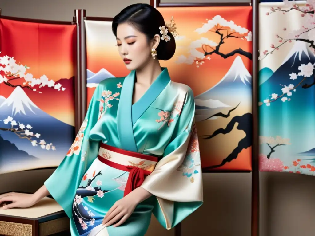 Un kimono de seda de lujo con motivos pintados a mano de cerezos, grullas y paisajes japoneses, exhibido en un maniquí