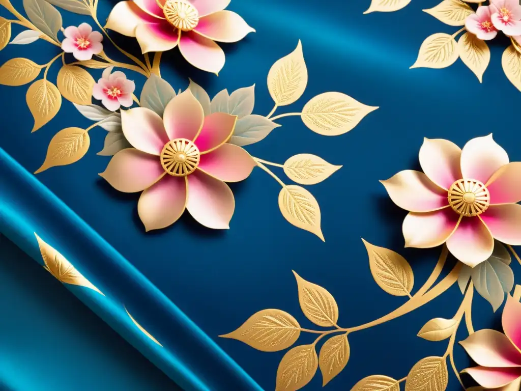 Un kimono de seda lujoso con patrones florales detallados en tonos vibrantes de rosa, azul y dorado