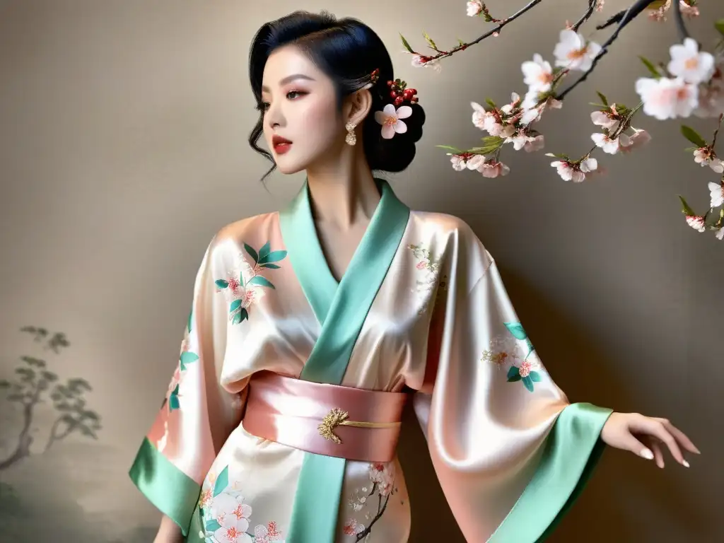 Un kimono de seda pintado a mano con elegantes motivos de flores de cerezo