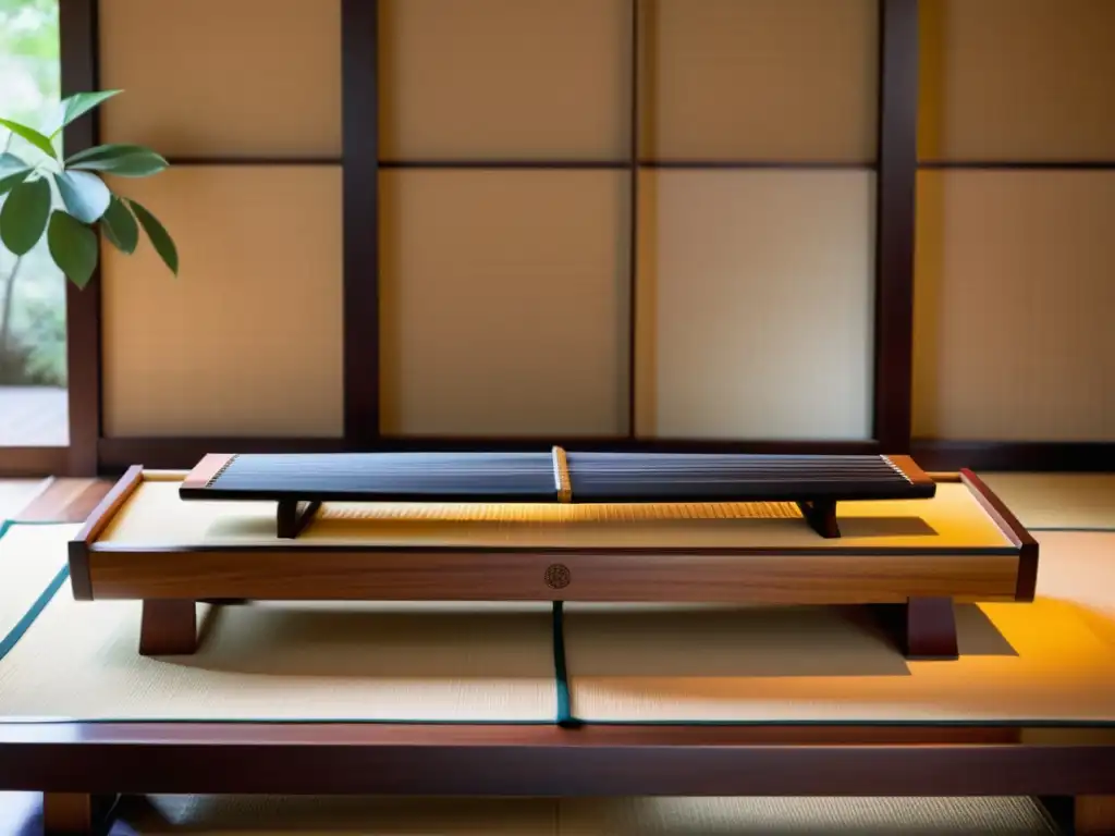 Un koto japonés tallado con delicadeza reposa en una habitación serena, iluminada por luz suave