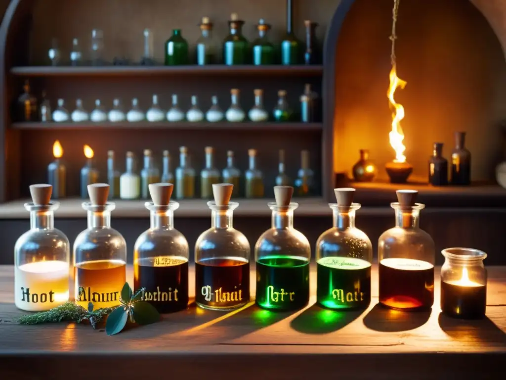 Alquimia ancestral: laboratorio de vidrio y hierbas místicas Un laboratorio de alquimista con frascos, hierbas exóticas y destilación, iluminado por la cálida luz de las velas