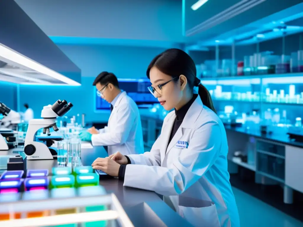 Un laboratorio de investigación biotecnológica en Asia, con científicos trabajando diligentemente en proyectos innovadores