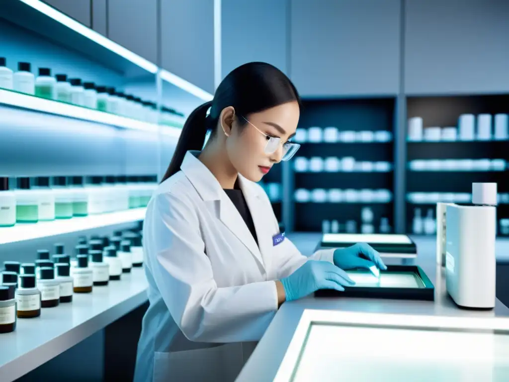 Lab de Cosméticos Halal: Innovación Asiática Un laboratorio de cosmética asiática innovadora y tradicional, con científicos probando productos halal en un ambiente moderno y elegante