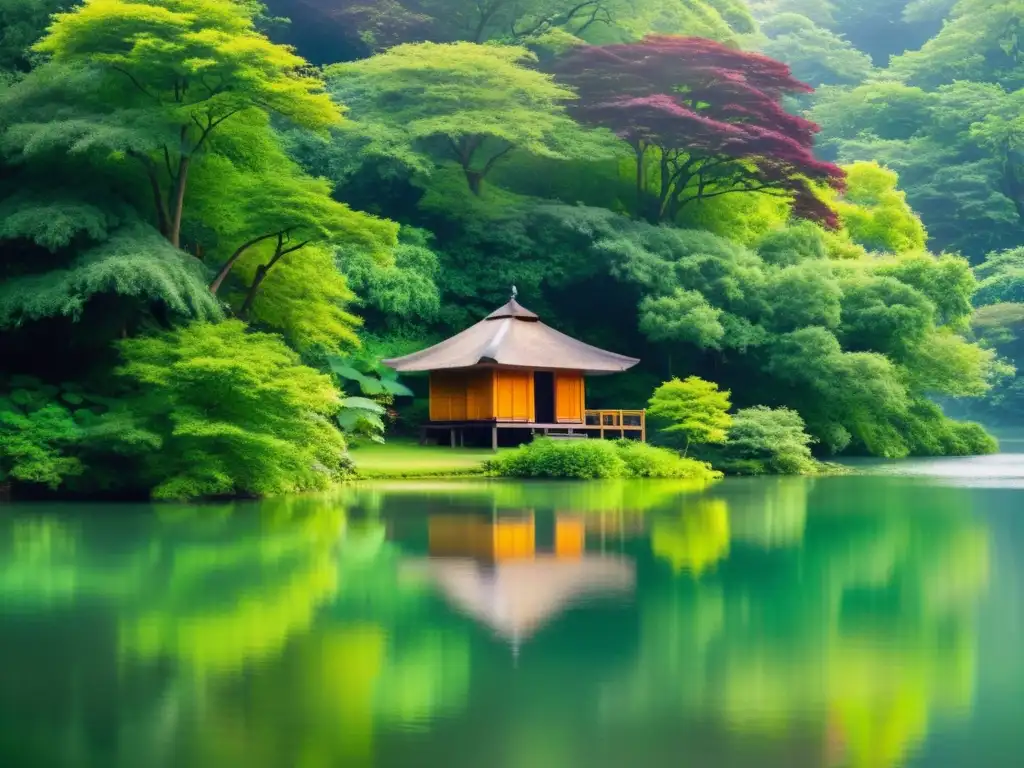 Un lago sereno rodeado de árboles verdes y una choza de meditación