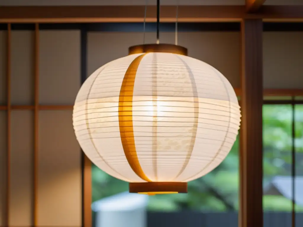 Una lámpara japonesa ilumina con calidez una sala minimalista