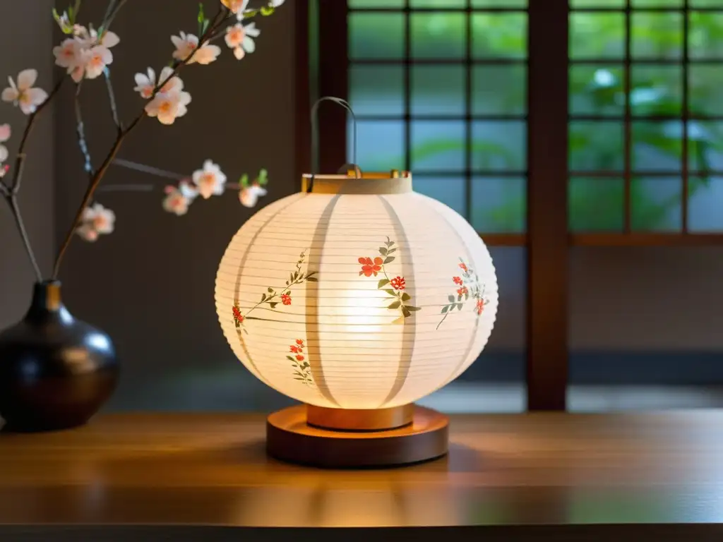 Una lámpara japonesa tradicional iluminada por luces LED inteligentes, creando una atmósfera cálida y acogedora en una habitación tenue