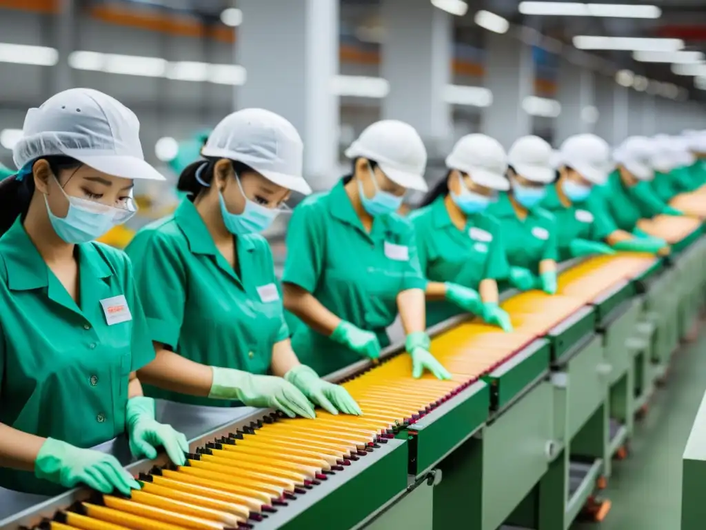 Lápices ópticos avanzados de fabricantes asiáticos: Trabajadores expertos ensamblan con precisión en una moderna fábrica, bañada en luz natural