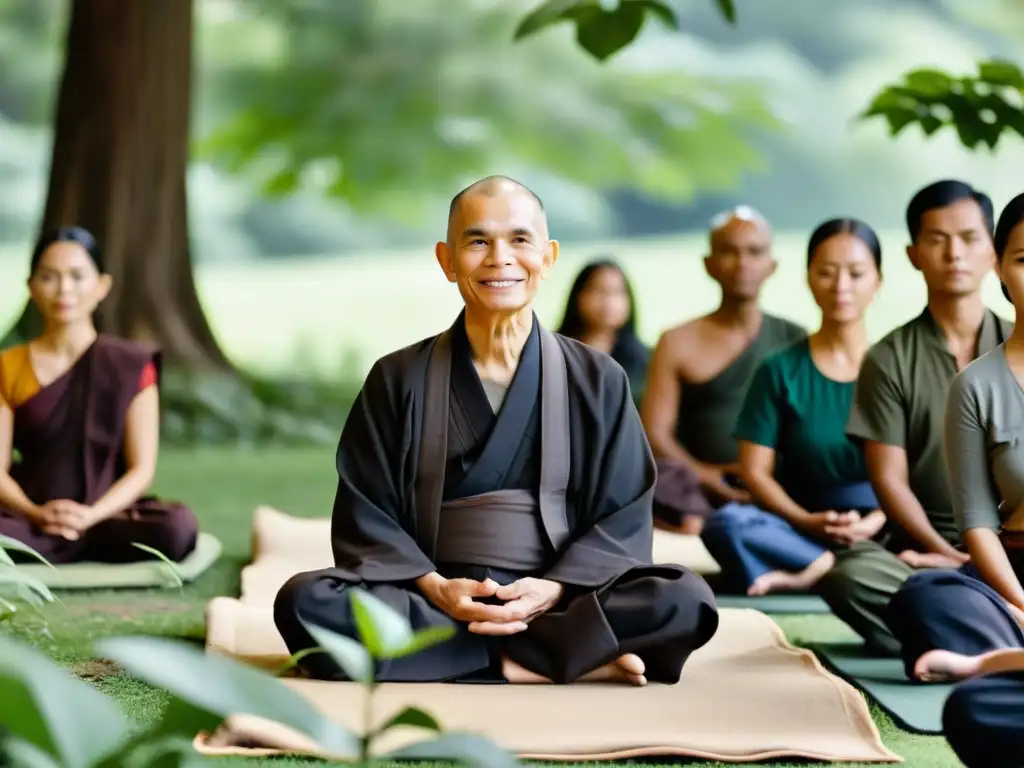 Lecciones de vida con Thich Nhat Hanh: guía en meditación al aire libre, rodeado de naturaleza serena y sonriente