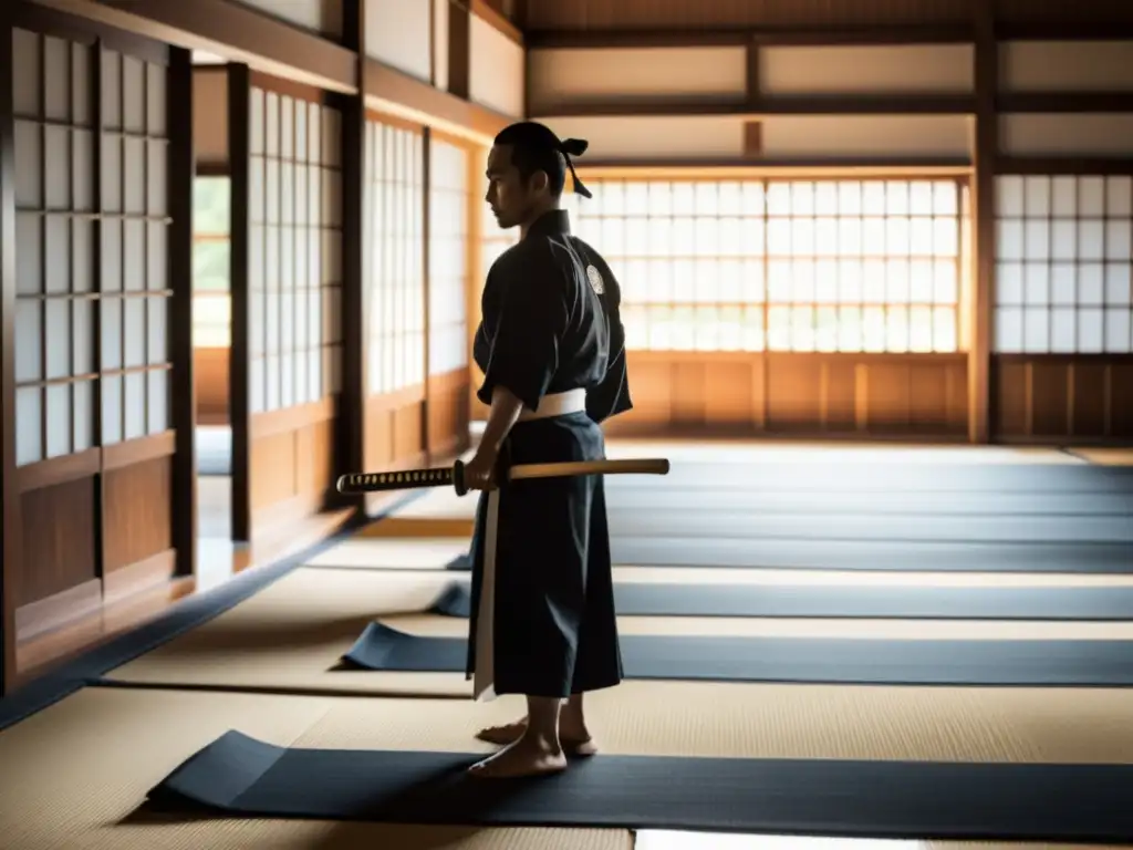 Lecciones de Bushido para la vida: Imagen de un dojo japonés tradicional con maestro y alumnos, reflejando disciplina y respeto