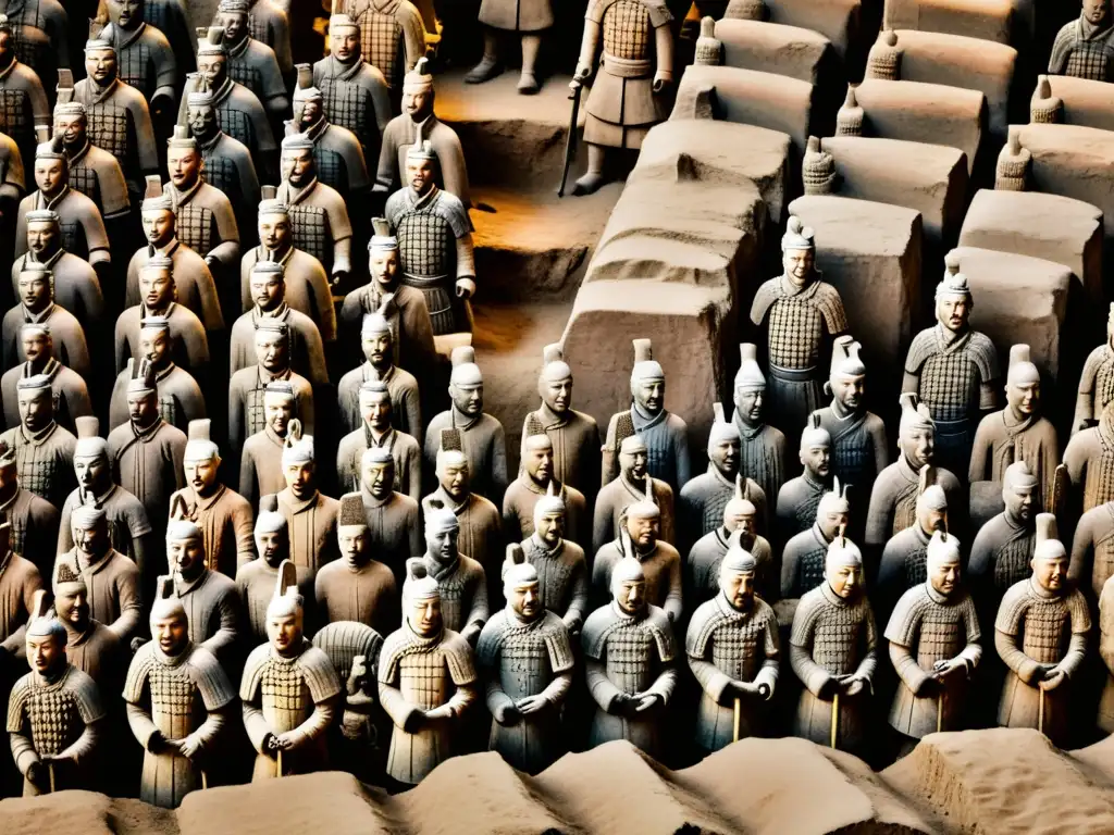 El legado terracota dinastía Qin: detallada imagen del ejército de terracota, con soldados, caballos y carros, destacando su magnitud y arte antiguo