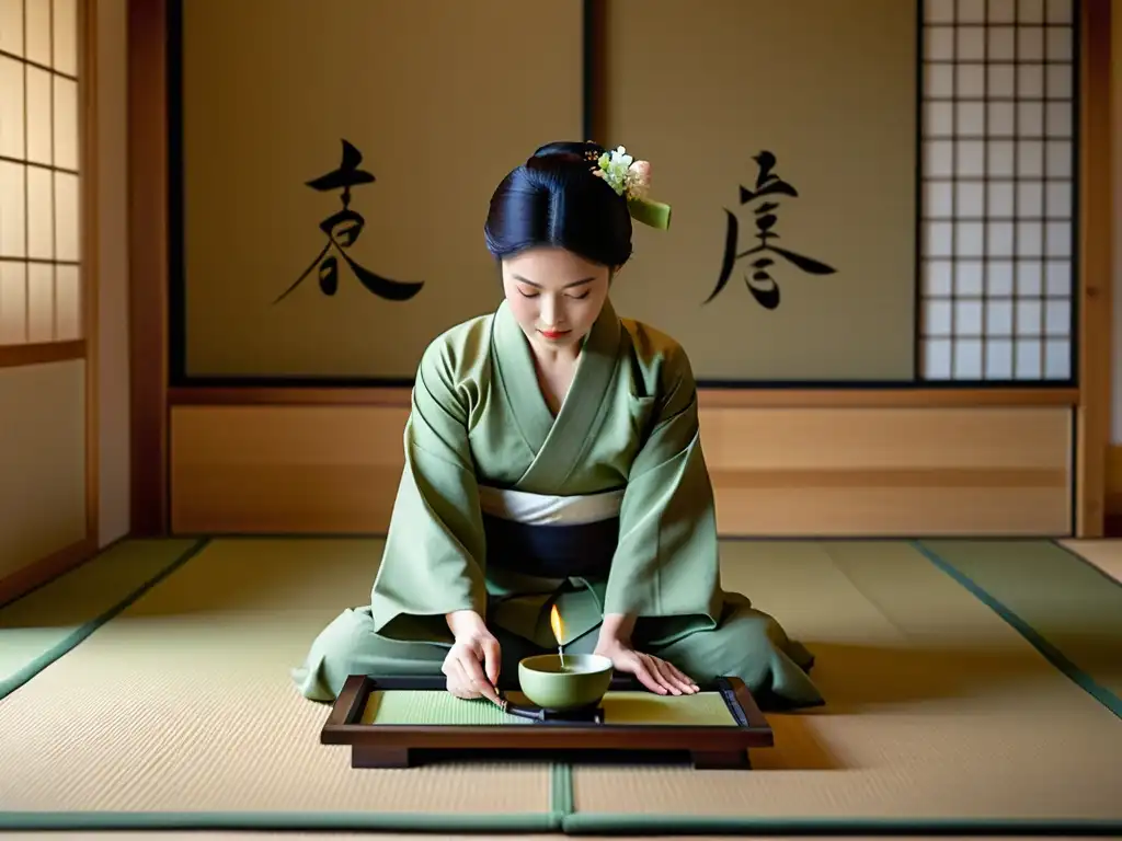 Legado Samurai Japón Moderno: Ceremonia del té japonesa en sereno tatami, con maestro preparando matcha y kimono tradicional