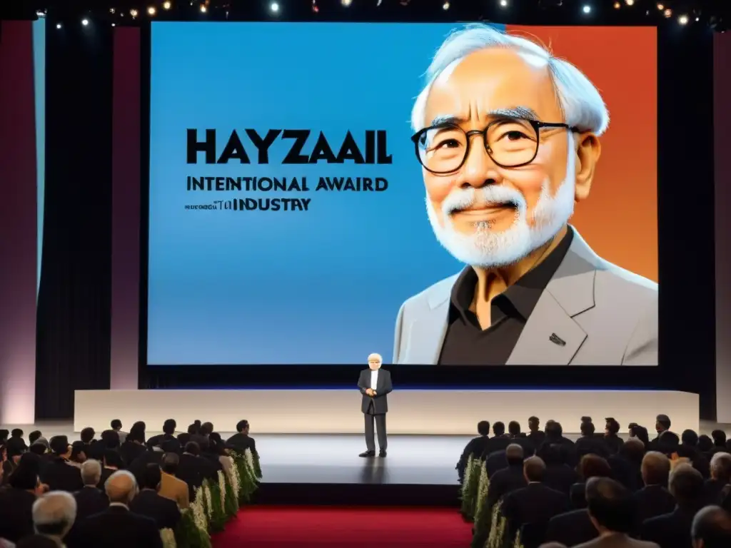 El legado de Hayao Miyazaki en animación: Miyazaki aceptando premio internacional entre admiradores de cine animado