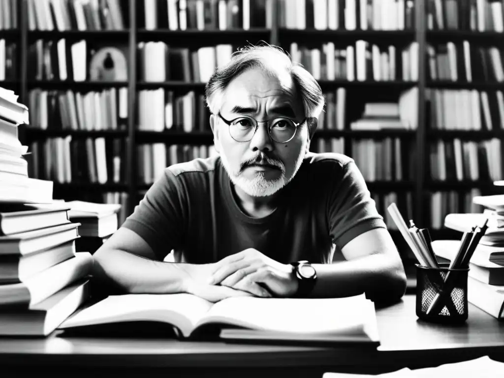 El legado de Hayao Miyazaki en animación cobra vida en la imagen en blanco y negro de un joven Miyazaki, inmerso en la creación de su primer film