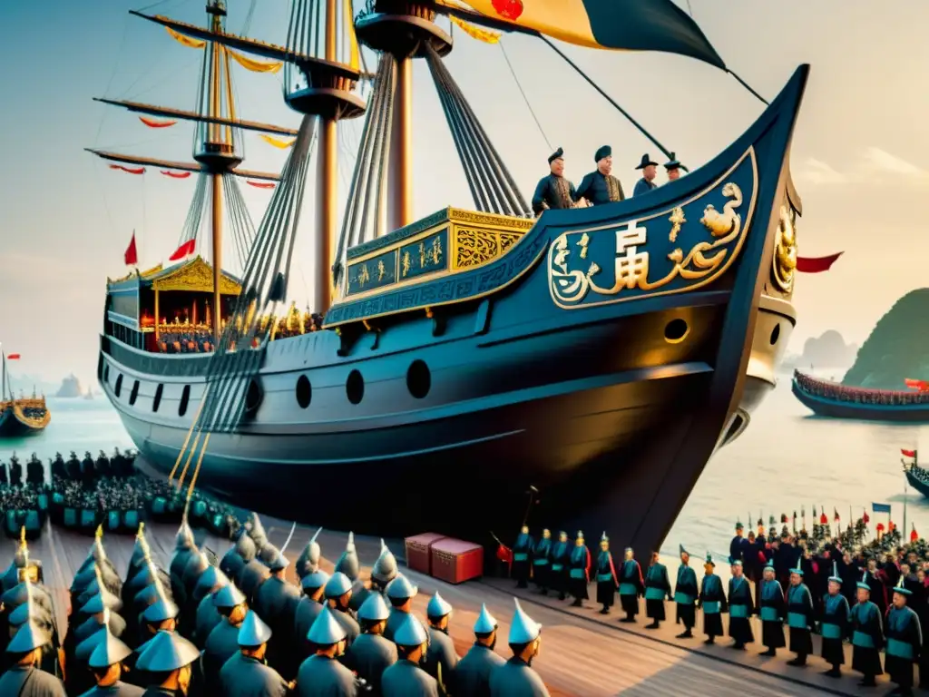 El legendario almirante chino Zheng He supervisa la preparación de su masivo barco de tesoros, rodeado de su tripulación y banderas de la Armada Ming